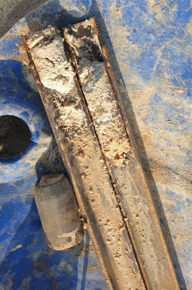 Split-spoon SPT sample of coral sand laid out on site